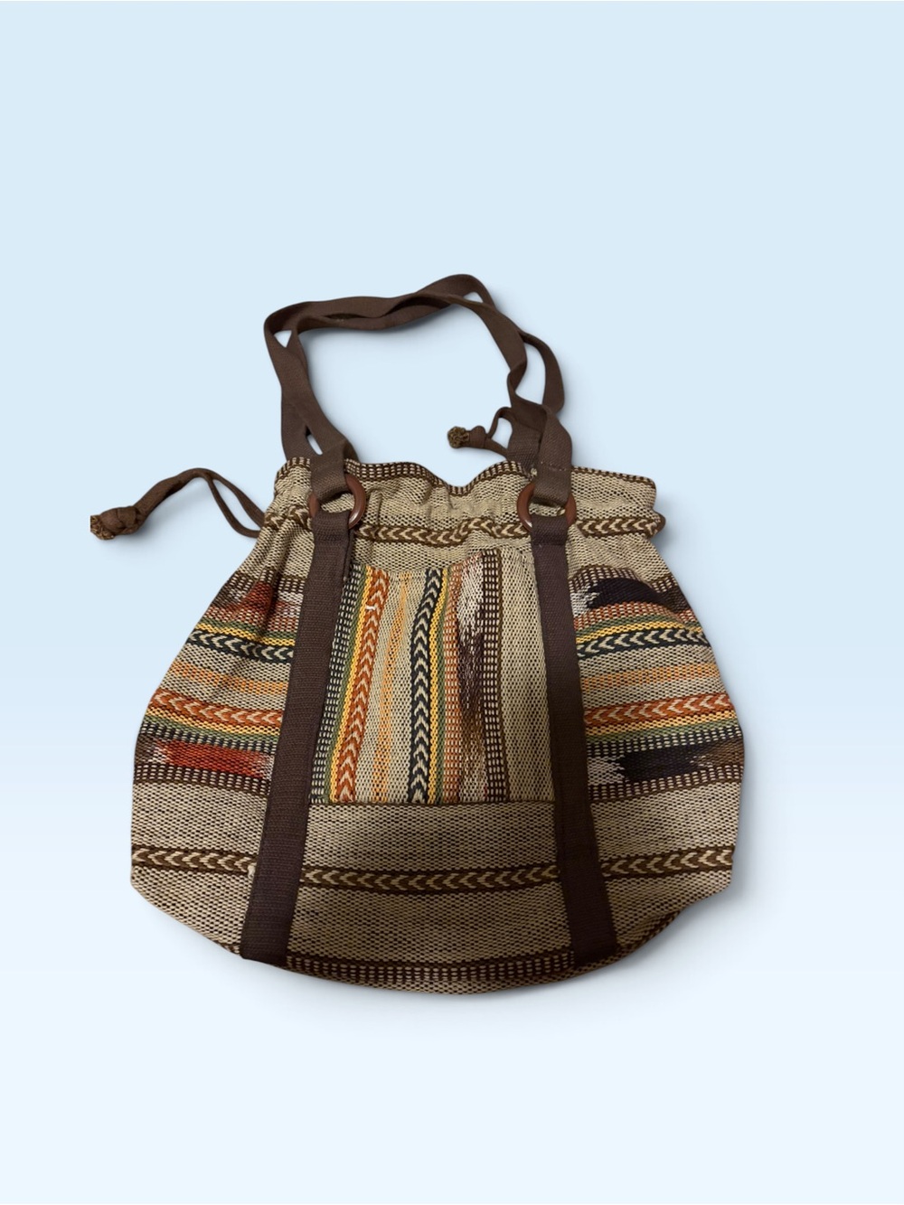 Woven Bohemian Drawstring Tote Bag in Brown and Tan